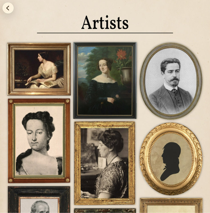 The Artists gallery screen in Art of Flora, styled as a wall of framed portraits. Various ornate gold and dark frames of different shapes — rectangular, oval, and round — display historical portraits, photographs, and a silhouette of the botanical illustrators featured in the app. A back arrow sits in the top left corner.