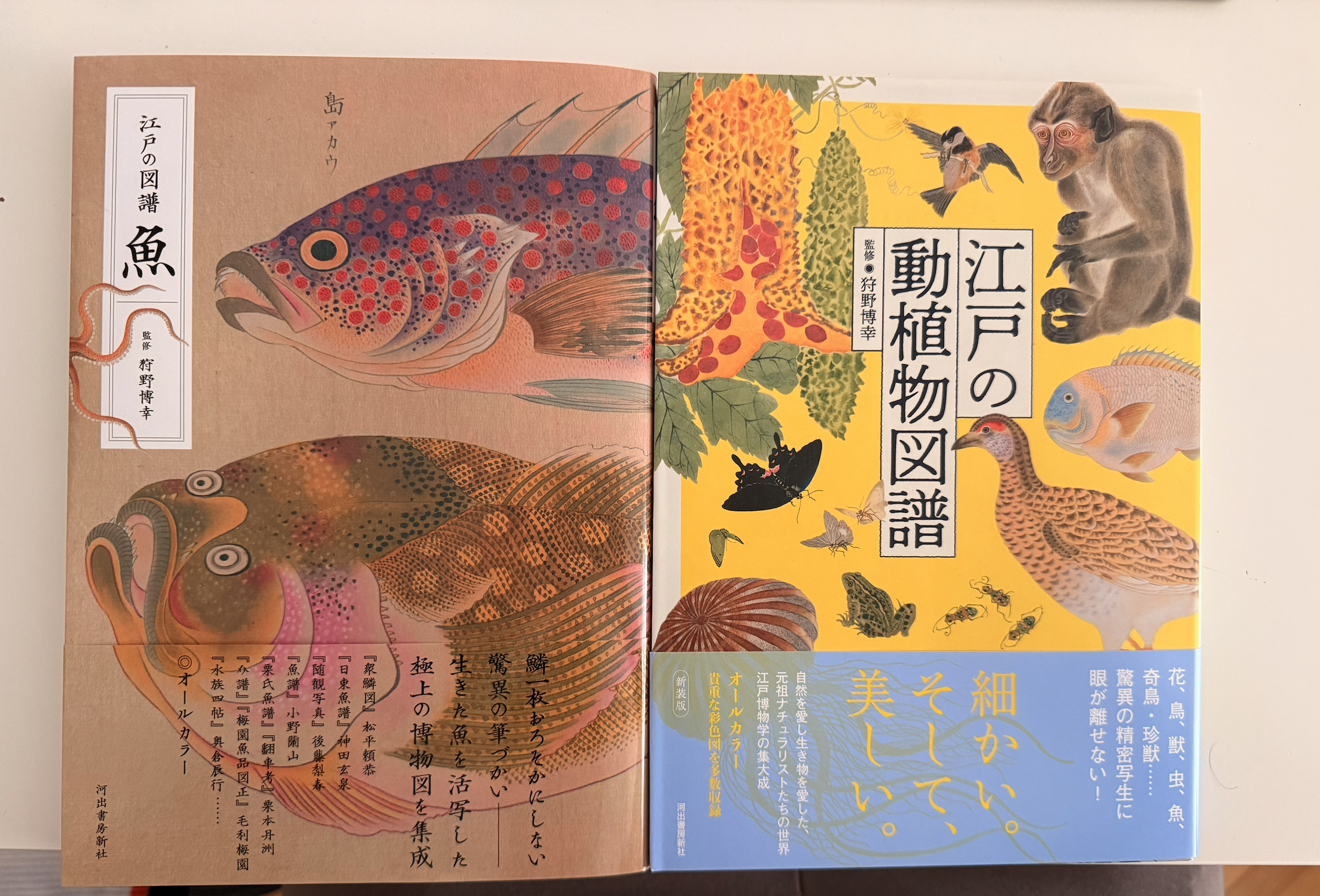 Two Japanese books on Edo-period natural history illustration, both supervised by Kano Hiroyuki: one on fish (魚) with detailed ukiyo-e-style fish paintings on a salmon-pink cover, and one on plants and animals (動植物図譜) with a yellow cover featuring a monkey, birds, butterflies, and fish.
