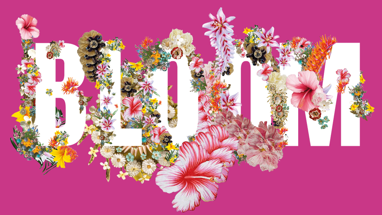 Logo of the Bloom exhibition series. It shows the word BLOOM in large white capital letters on a vibrant pink background, with the letters adorned and overflowing with a collage of botanical illustrations — hibiscus, daisies, orchids, and other colorful flowers in pink, white, yellow, orange, and blue tones.